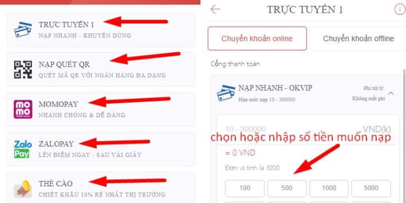 Chọn nạp tiền trực tuyến 