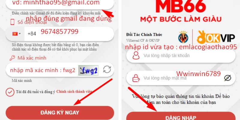 Bước 4 : Click đăng ký và chọn đăng nhập tài khoản 