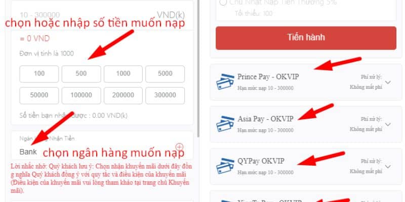 Chọn số tiền và ngân hàng 